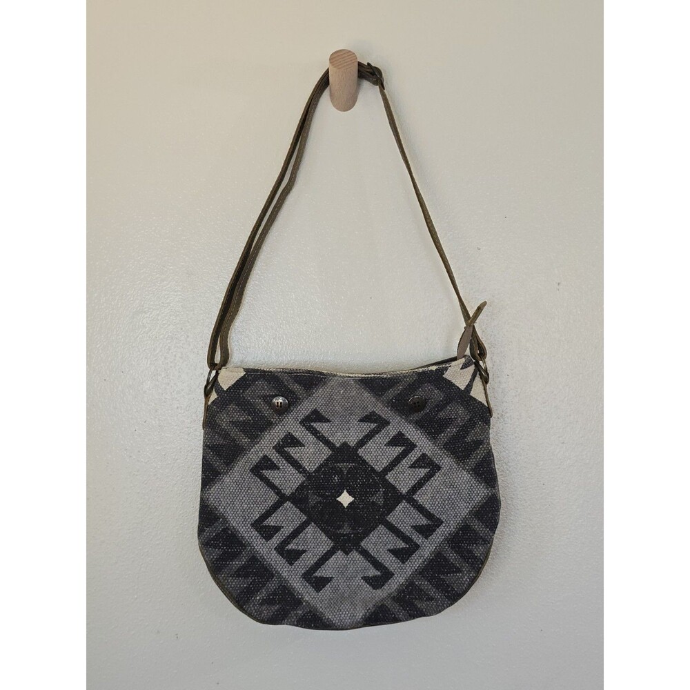 Myra Bag Gray Tribal Canvas Leather Crossbody Shoulder Bag Boho Western Saddle